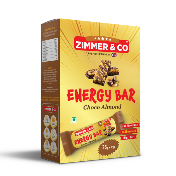 Choco Almond Energy Bar | Granola Bars | 35 G Pack of 12 | Made with Rolled Oats Rice Crisps Corn Flakes | Dark Chocolate | Almonds | No added sugar | No Cholesterol | High Fibre