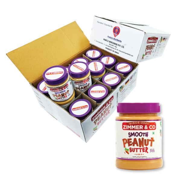 Zimmer & Co Smooth Peanut Butter 6.6 KG | Combo of 12 Jars 500G | Rich in Fibre 7% | HIGH in Protein 26 G | No Hydrogenated Oil | No Palm Oil | Low Unsaturated Fat | Premium Peanut Butter